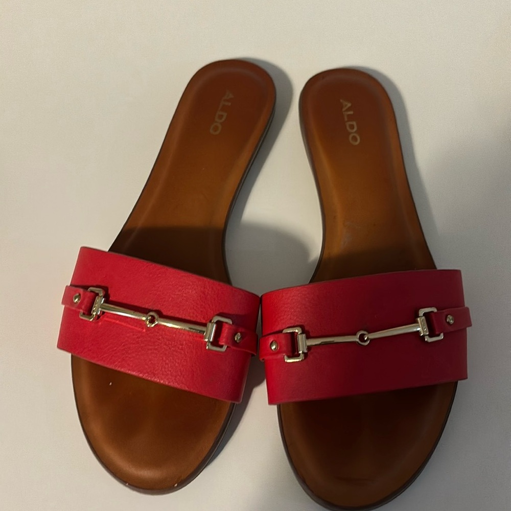 Aldo Flat Slide Sandals Red with God Buckle Detail Size 40
